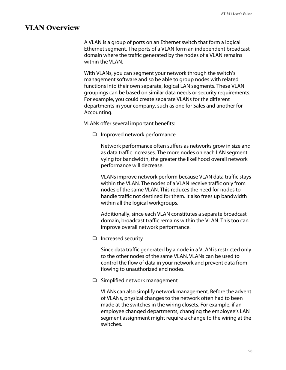 Vlan overview | Allied Telesis AT-S41 User Manual | Page 90 / 236