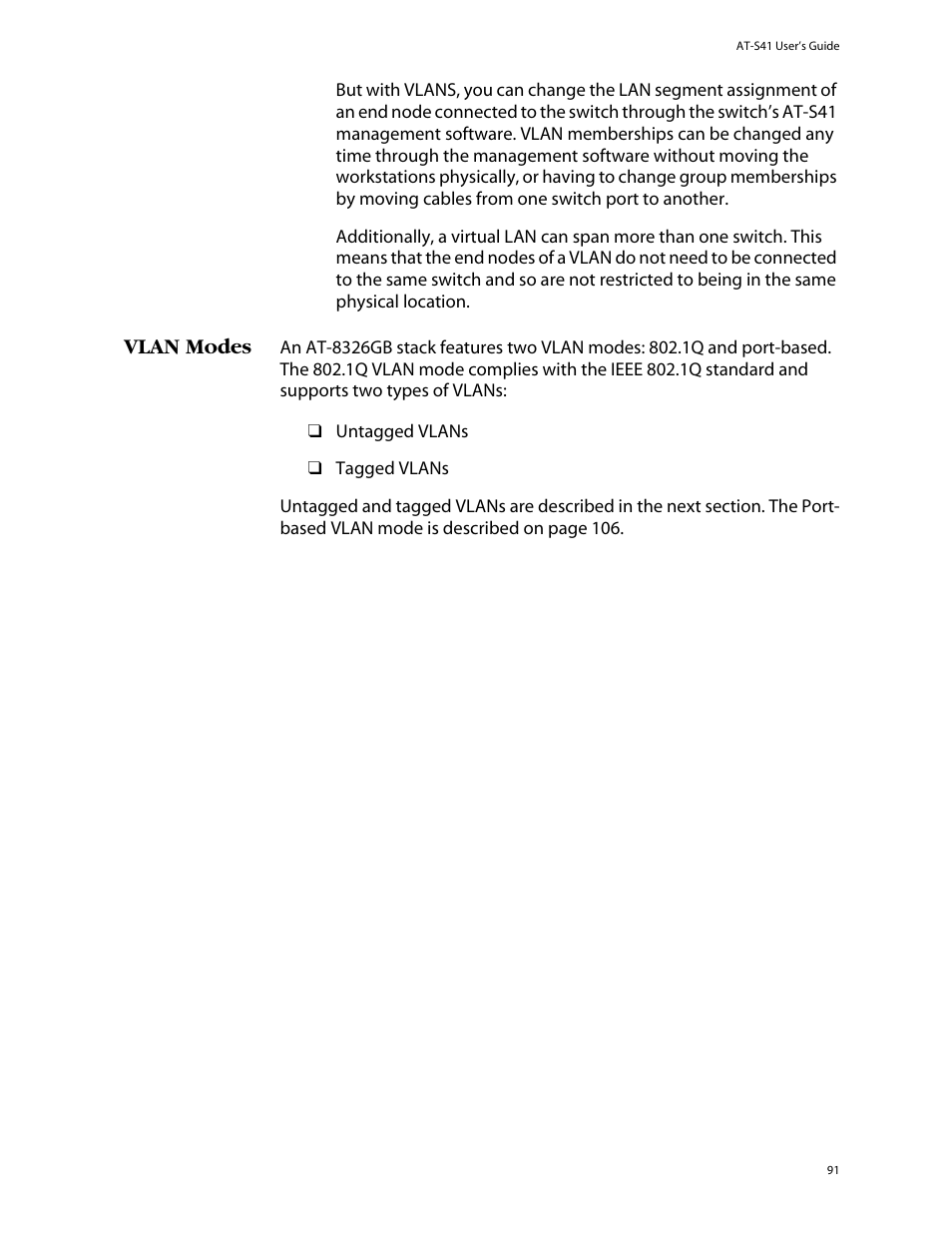 Vlan modes | Allied Telesis AT-S41 User Manual | Page 91 / 236