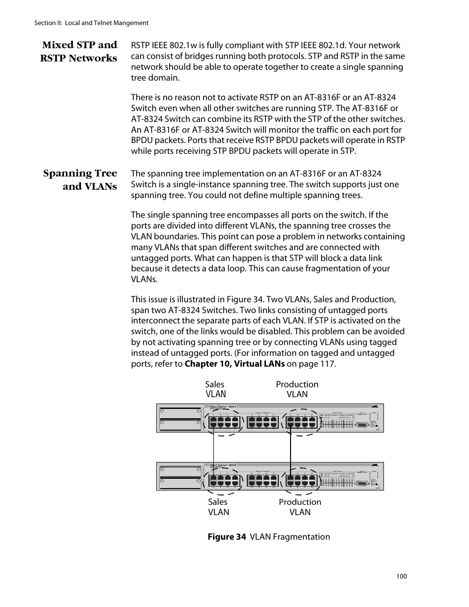 Mixed stp and rstp networks, Spanning tree and vlans, Sales vlan production vlan | Vlan sales vlan, Production, L /a, L /a d/c d/c l /a d/c | Allied Telesis AT-S25 User Manual | Page 100 / 276