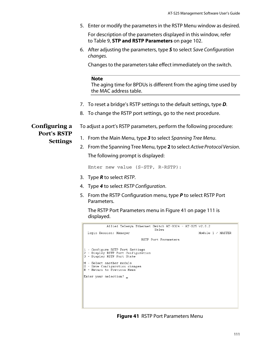Configuring a port’s rstp settings | Allied Telesis AT-S25 User Manual | Page 111 / 276