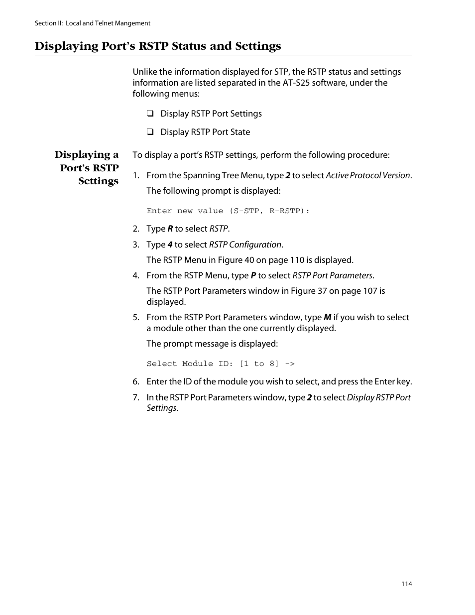Displaying port’s rstp status and settings, Displaying a port’s rstp settings | Allied Telesis AT-S25 User Manual | Page 114 / 276