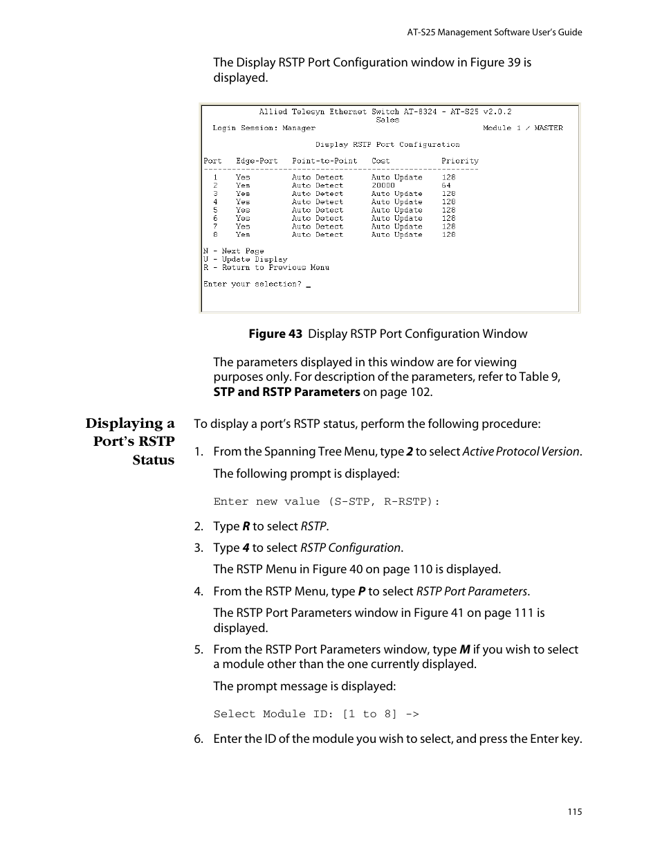 Displaying a port’s rstp status | Allied Telesis AT-S25 User Manual | Page 115 / 276