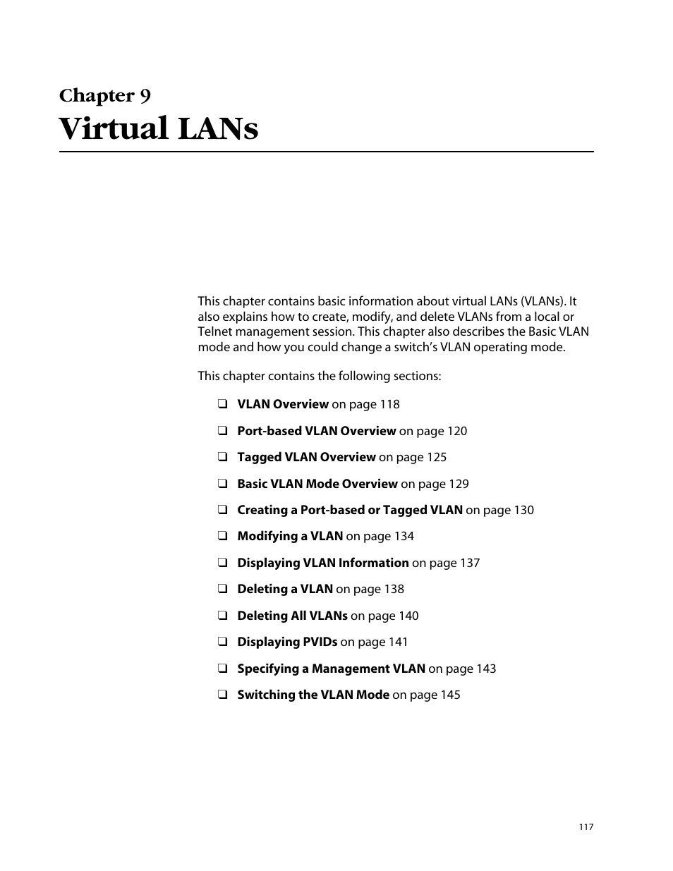Chapter 9, Virtual lans, Chapter 9 virtual lans | Allied Telesis AT-S25 User Manual | Page 117 / 276