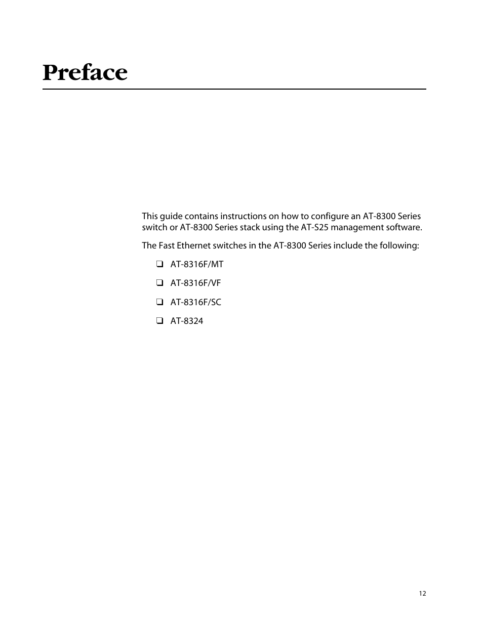 Preface | Allied Telesis AT-S25 User Manual | Page 12 / 276
