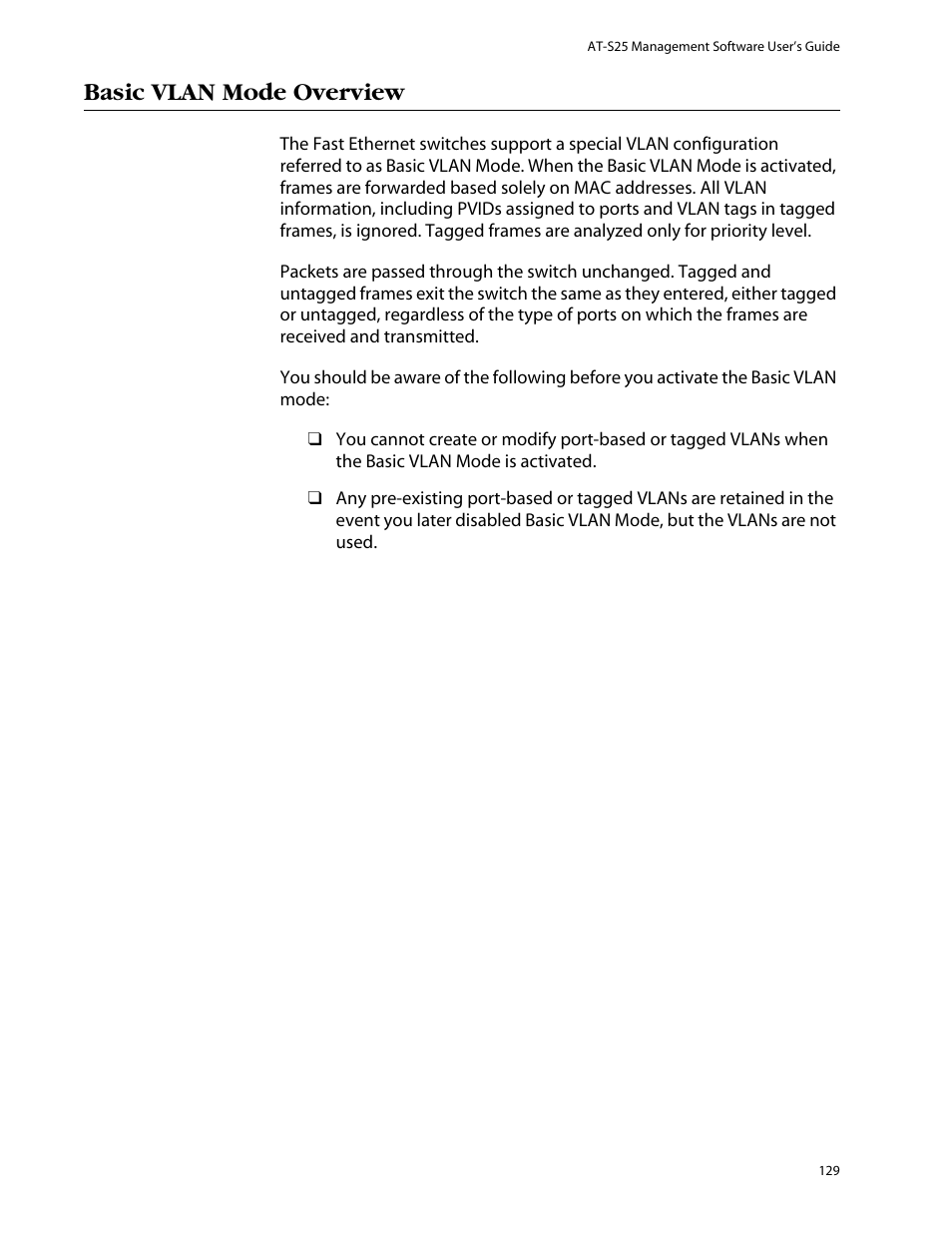 Basic vlan mode overview | Allied Telesis AT-S25 User Manual | Page 129 / 276