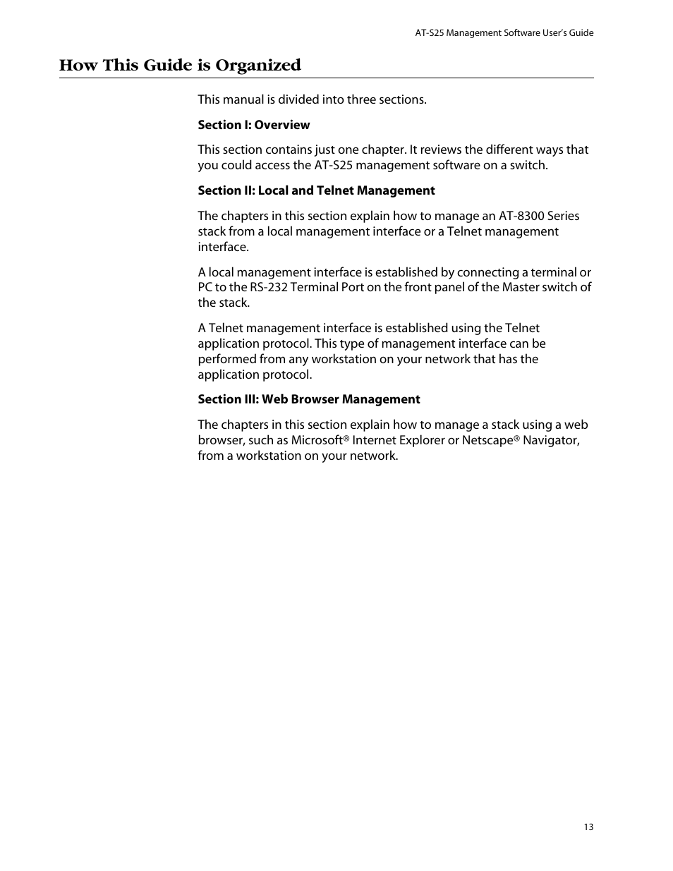 How this guide is organized | Allied Telesis AT-S25 User Manual | Page 13 / 276