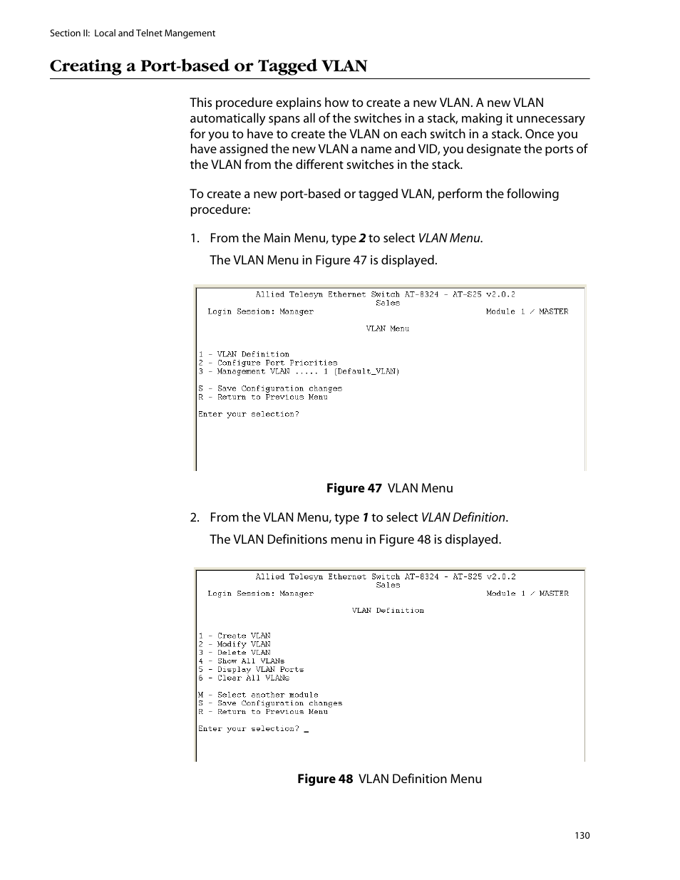 Creating a port-based or tagged vlan | Allied Telesis AT-S25 User Manual | Page 130 / 276