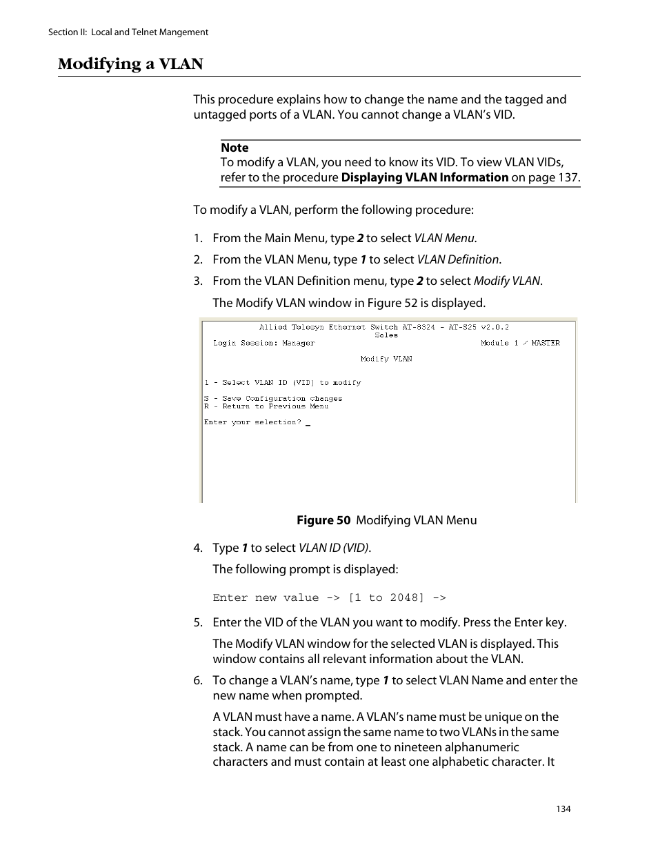 Modifying a vlan | Allied Telesis AT-S25 User Manual | Page 134 / 276