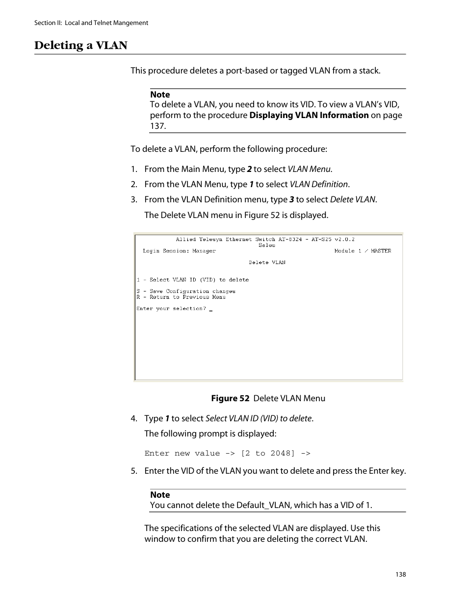 Deleting a vlan | Allied Telesis AT-S25 User Manual | Page 138 / 276