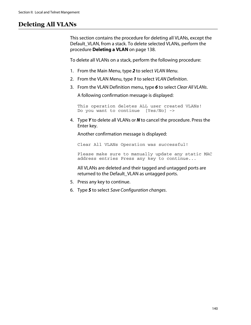 Deleting all vlans | Allied Telesis AT-S25 User Manual | Page 140 / 276
