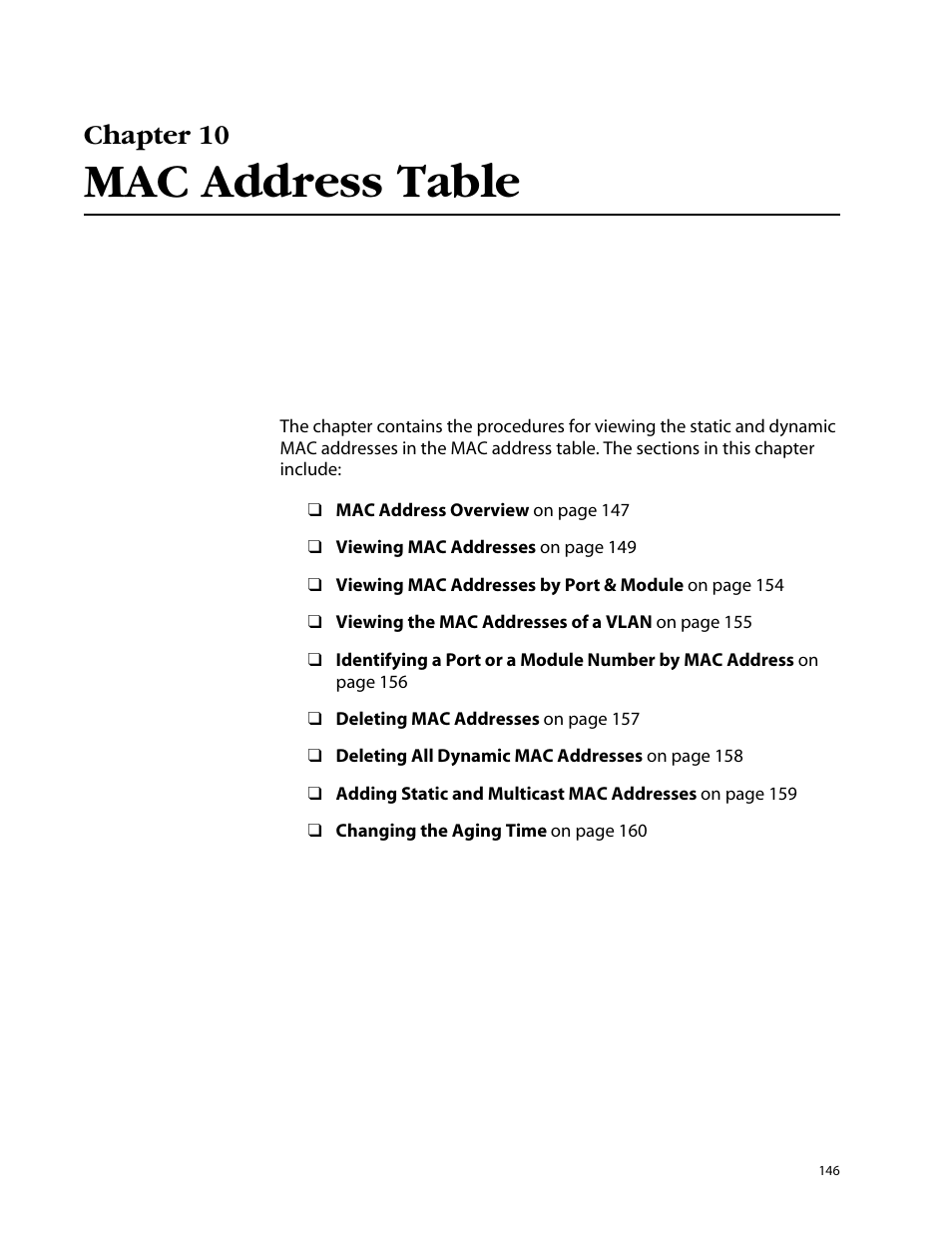 Chapter 10, Mac address table, Chapter 10 mac address table | Allied Telesis AT-S25 User Manual | Page 146 / 276