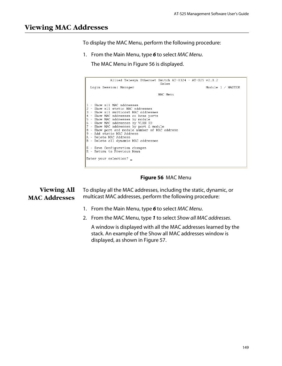 Viewing mac addresses, Viewing all mac addresses | Allied Telesis AT-S25 User Manual | Page 149 / 276