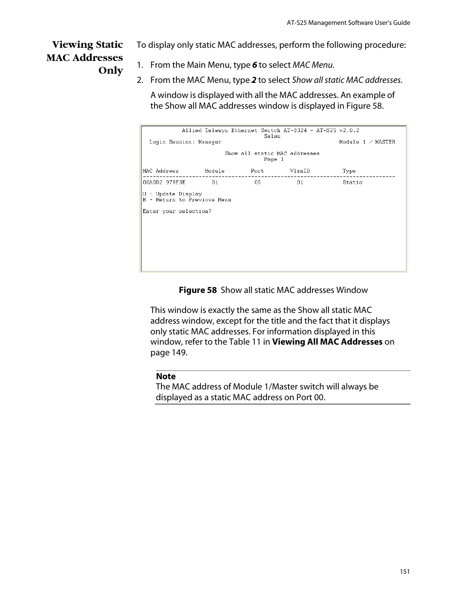 Viewing static mac addresses only | Allied Telesis AT-S25 User Manual | Page 151 / 276