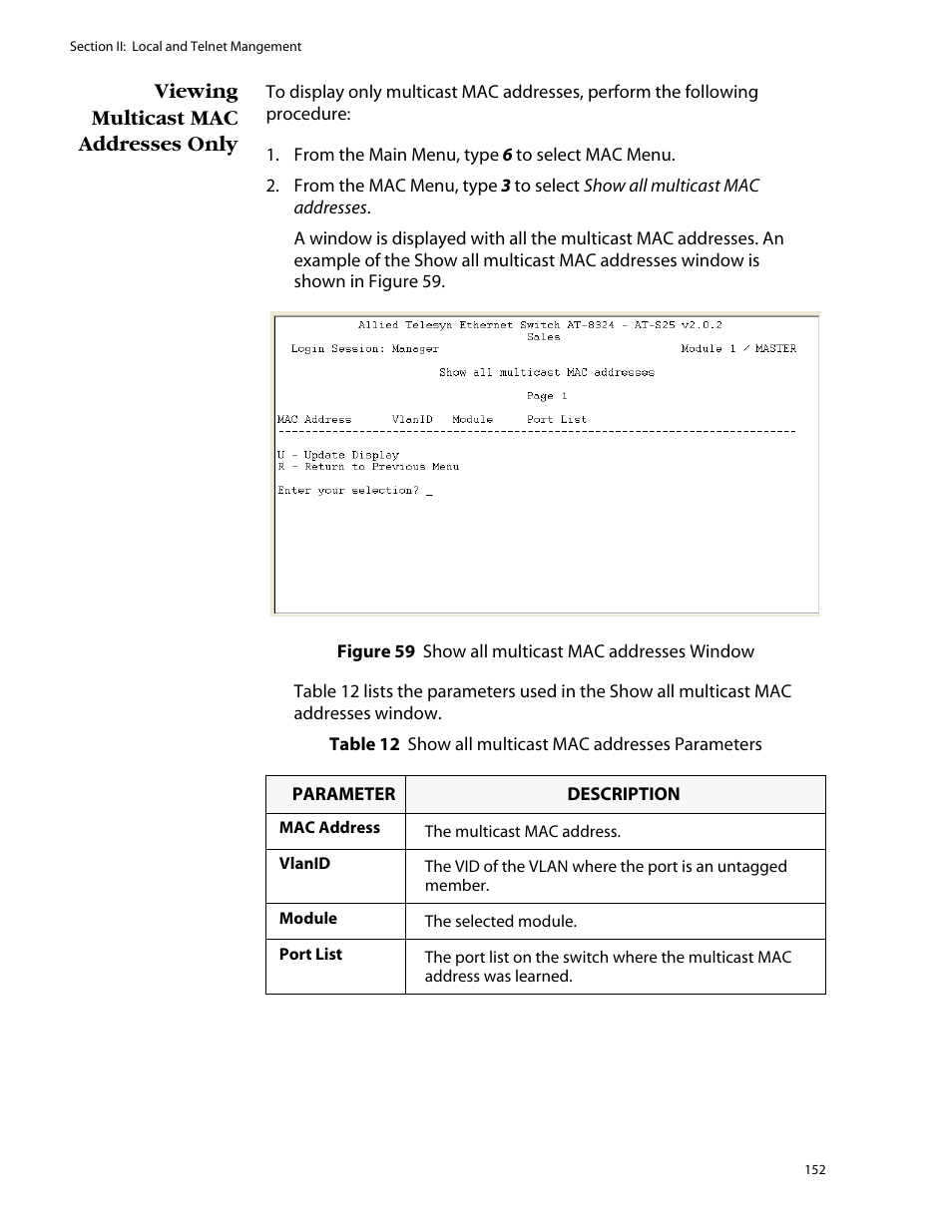 Viewing multicast mac addresses only | Allied Telesis AT-S25 User Manual | Page 152 / 276