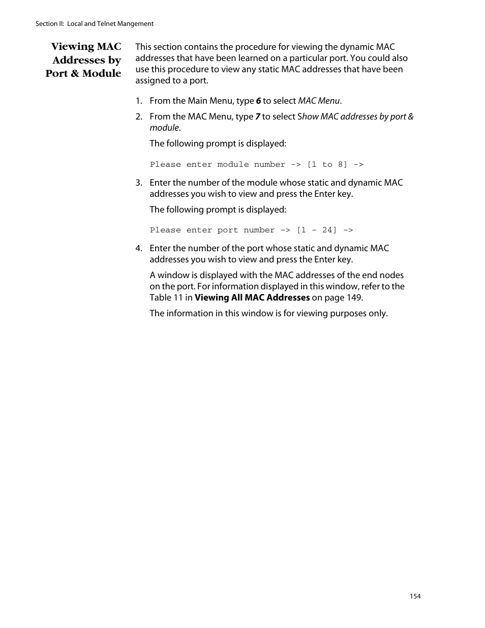 Viewing mac addresses by port & module | Allied Telesis AT-S25 User Manual | Page 154 / 276
