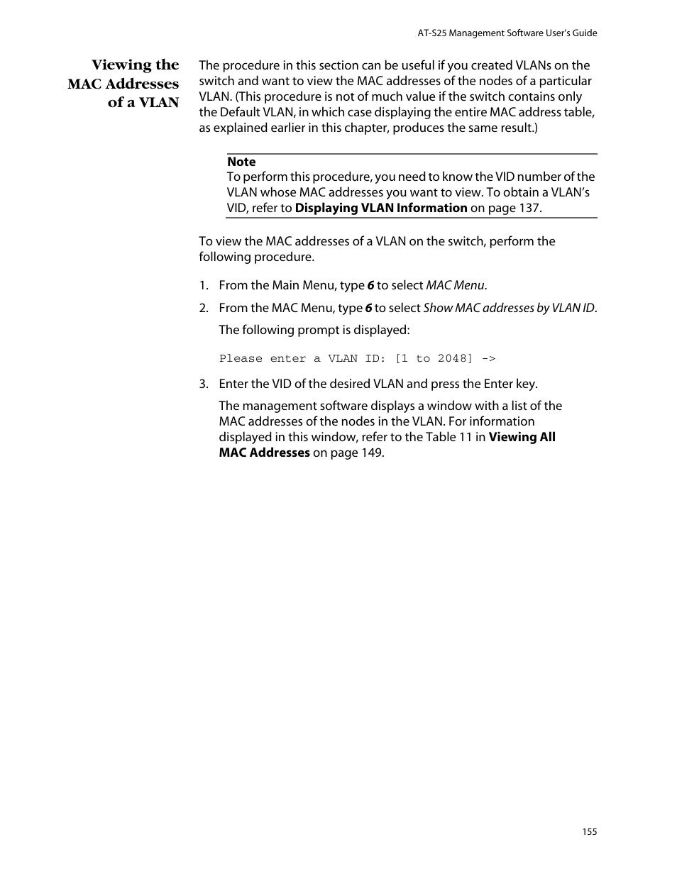 Viewing the mac addresses of a vlan | Allied Telesis AT-S25 User Manual | Page 155 / 276