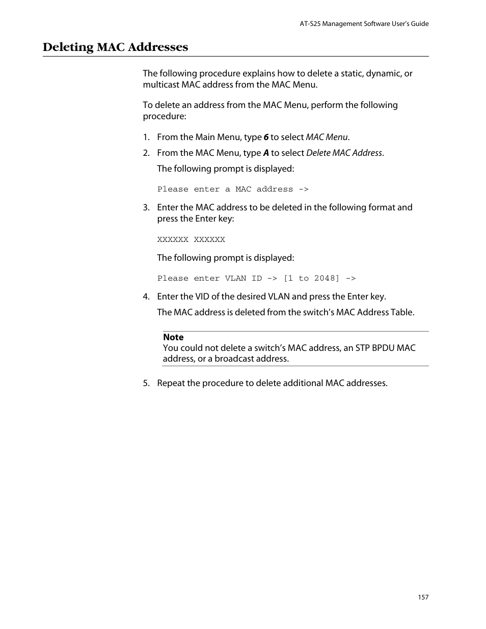 Deleting mac addresses | Allied Telesis AT-S25 User Manual | Page 157 / 276