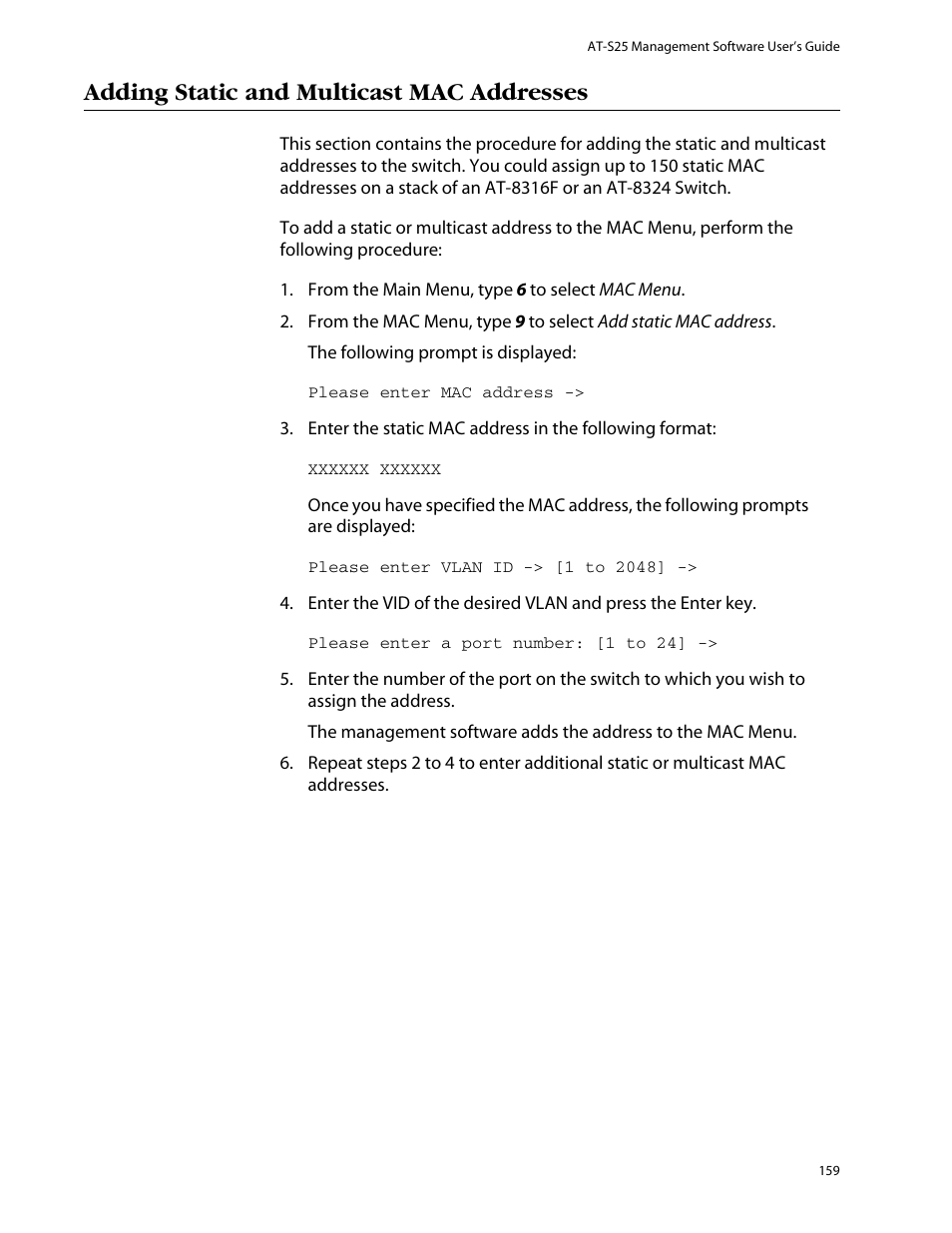 Adding static and multicast mac addresses | Allied Telesis AT-S25 User Manual | Page 159 / 276