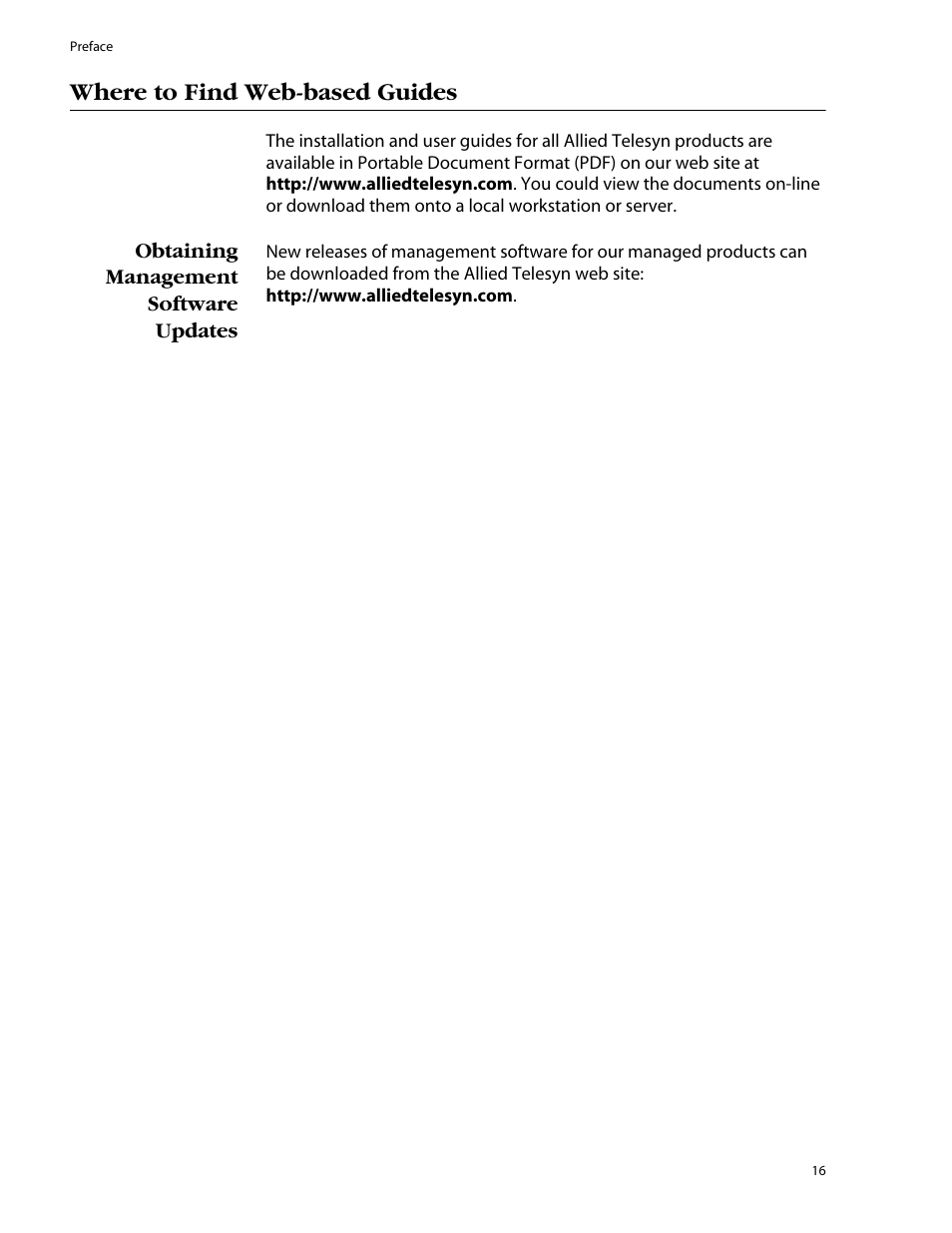Where to find web-based guides, Obtaining management software updates | Allied Telesis AT-S25 User Manual | Page 16 / 276