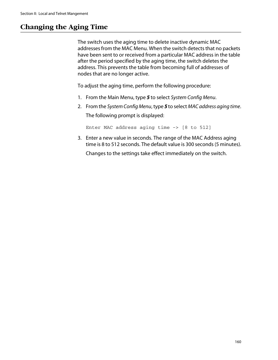 Changing the aging time | Allied Telesis AT-S25 User Manual | Page 160 / 276