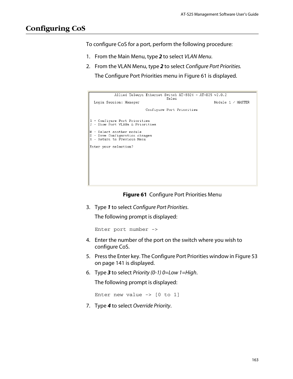 Configuring cos | Allied Telesis AT-S25 User Manual | Page 163 / 276