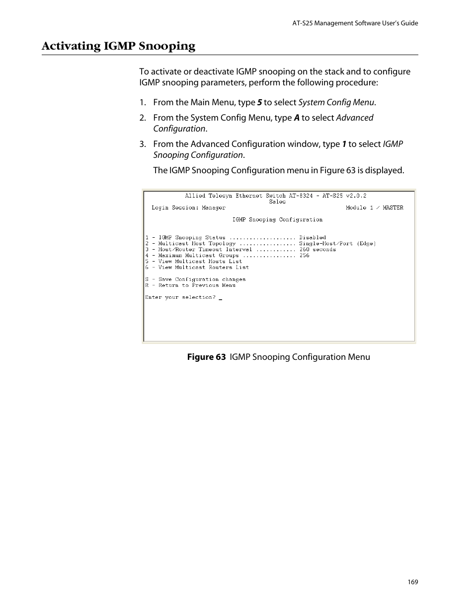 Activating igmp snooping | Allied Telesis AT-S25 User Manual | Page 169 / 276