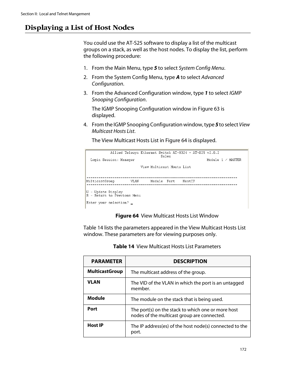 Displaying a list of host nodes | Allied Telesis AT-S25 User Manual | Page 172 / 276