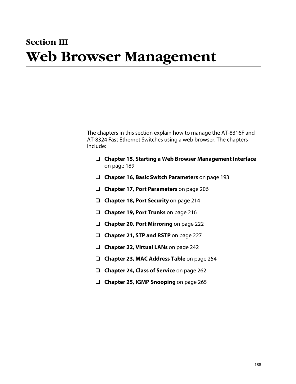 Section iii, Web browser management, Section iii web browser management | Allied Telesis AT-S25 User Manual | Page 188 / 276