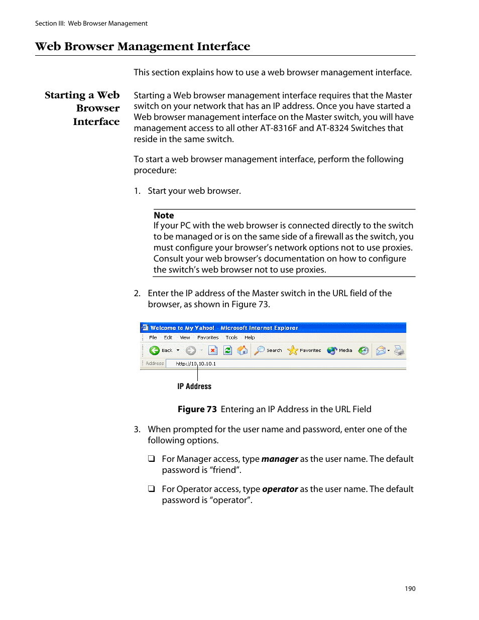 Web browser management interface, Starting a web browser interface | Allied Telesis AT-S25 User Manual | Page 190 / 276