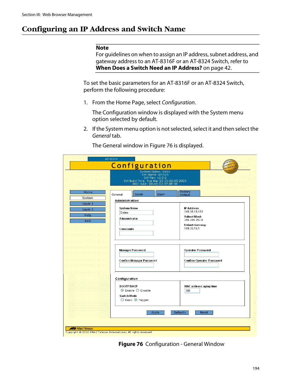 Configuring an ip address and switch name | Allied Telesis AT-S25 User Manual | Page 194 / 276