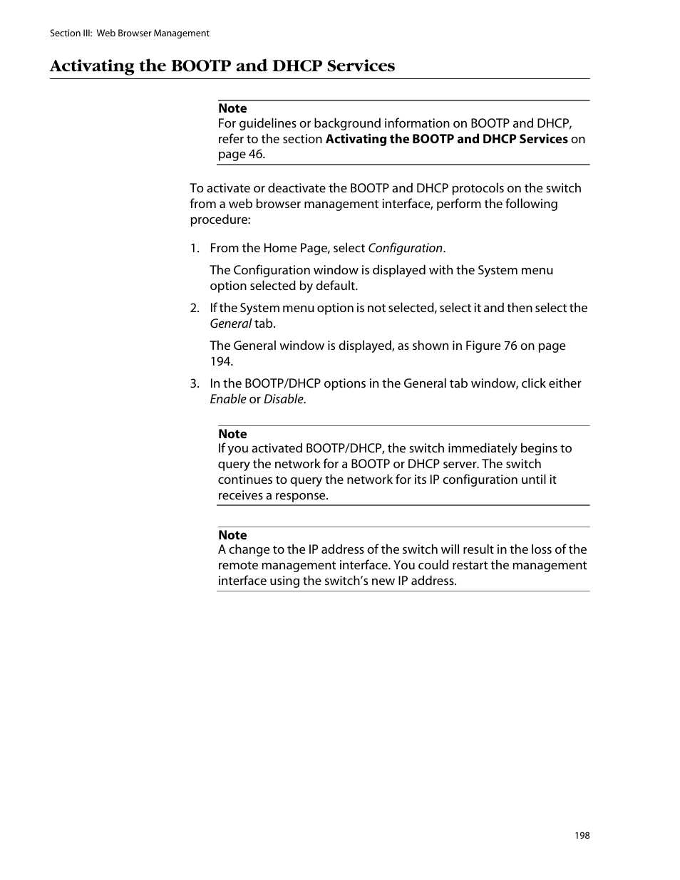 Activating the bootp and dhcp services, Activating the, Bootp and dhcp services | Allied Telesis AT-S25 User Manual | Page 198 / 276
