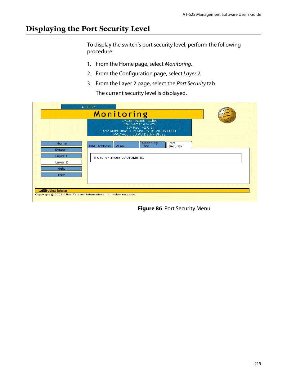 Displaying the port security level | Allied Telesis AT-S25 User Manual | Page 215 / 276