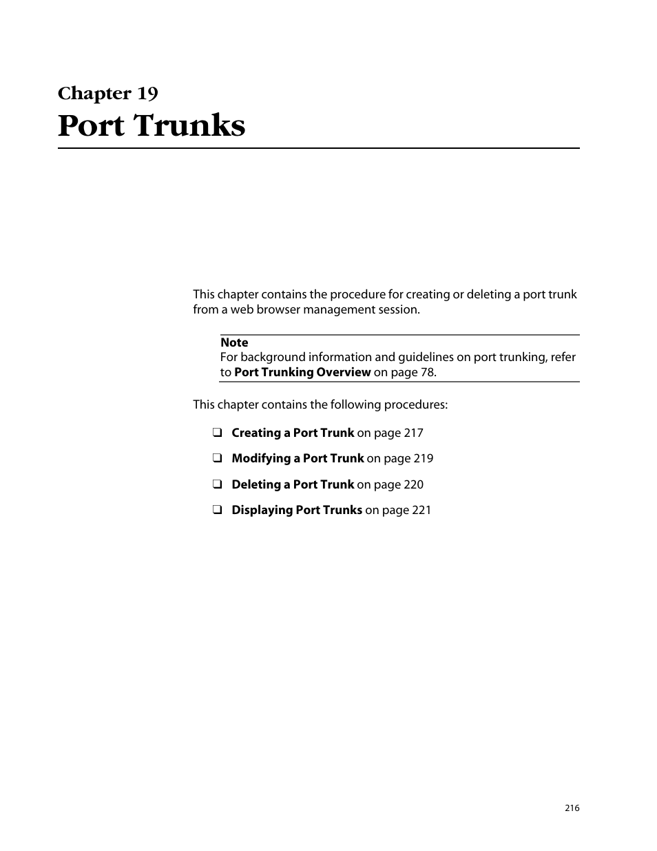 Chapter 19, Port trunks, Chapter 19 port trunks | Allied Telesis AT-S25 User Manual | Page 216 / 276