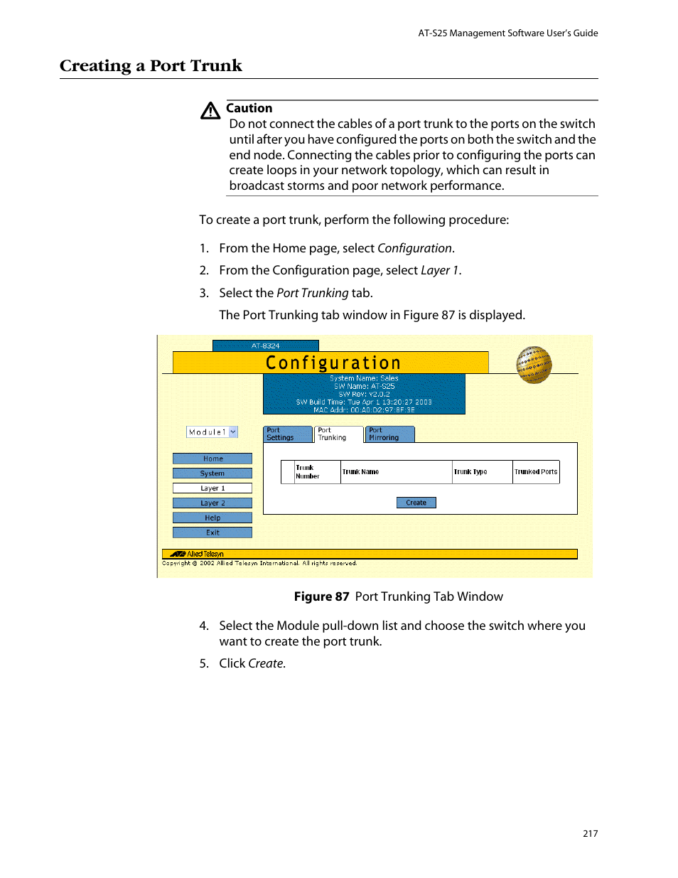Creating a port trunk | Allied Telesis AT-S25 User Manual | Page 217 / 276