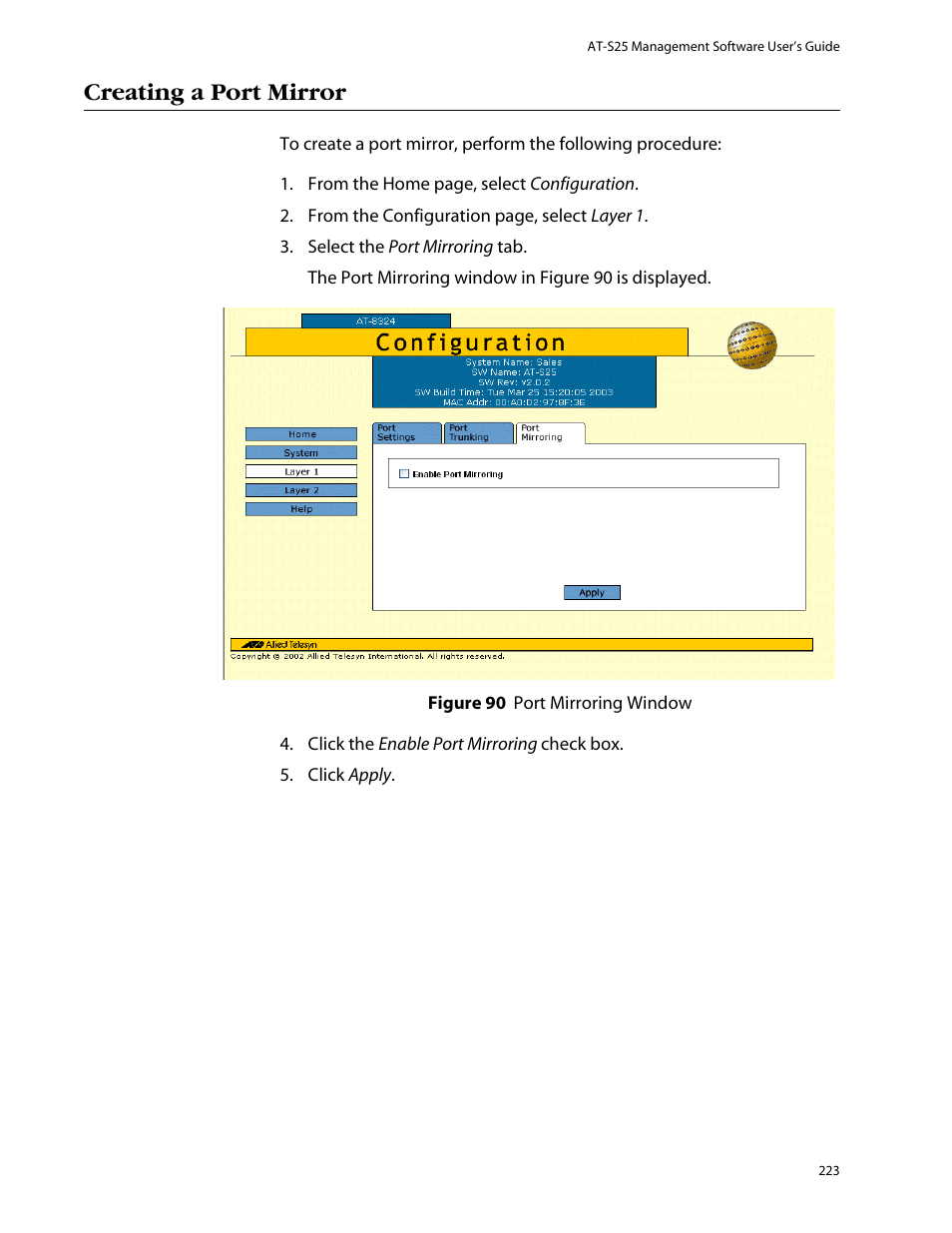 Creating a port mirror | Allied Telesis AT-S25 User Manual | Page 223 / 276