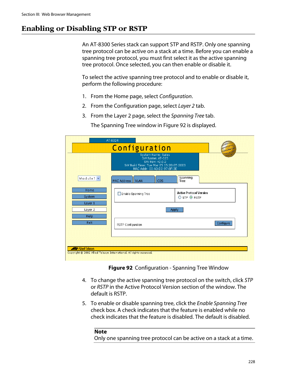 Enabling or disabling stp or rstp | Allied Telesis AT-S25 User Manual | Page 228 / 276