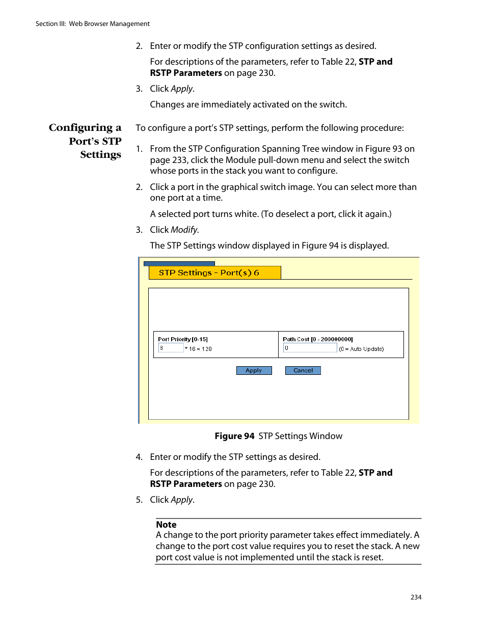 Configuring a port’s stp settings | Allied Telesis AT-S25 User Manual | Page 234 / 276