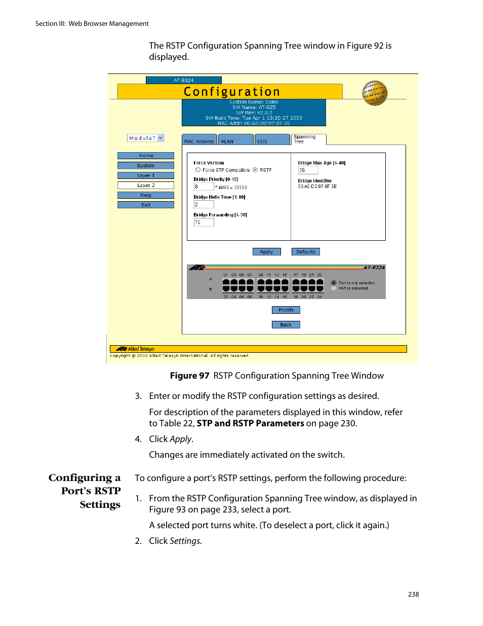 Configuring a port’s rstp settings | Allied Telesis AT-S25 User Manual | Page 238 / 276