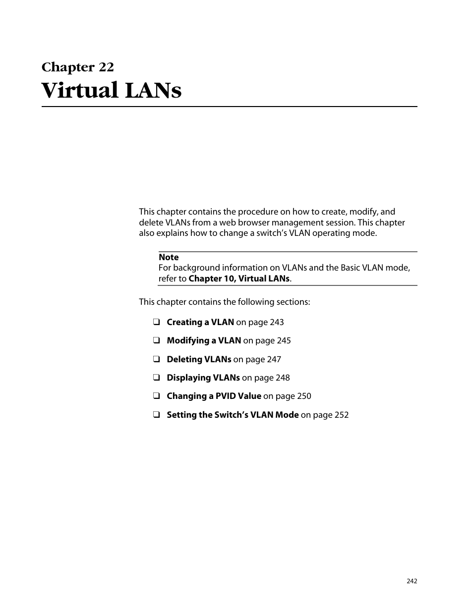 Chapter 22, Virtual lans, Chapter 22 virtual lans | Allied Telesis AT-S25 User Manual | Page 242 / 276