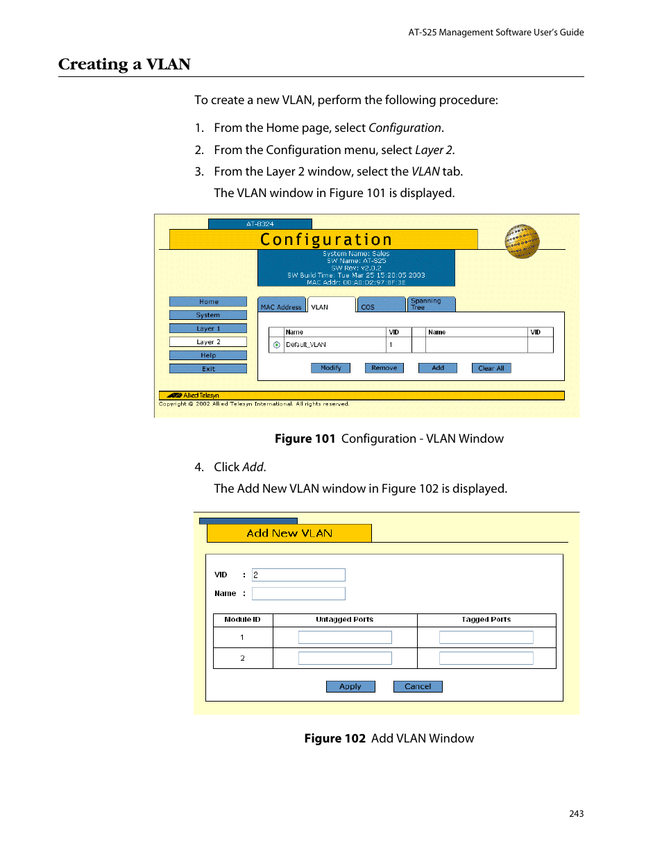 Creating a vlan | Allied Telesis AT-S25 User Manual | Page 243 / 276