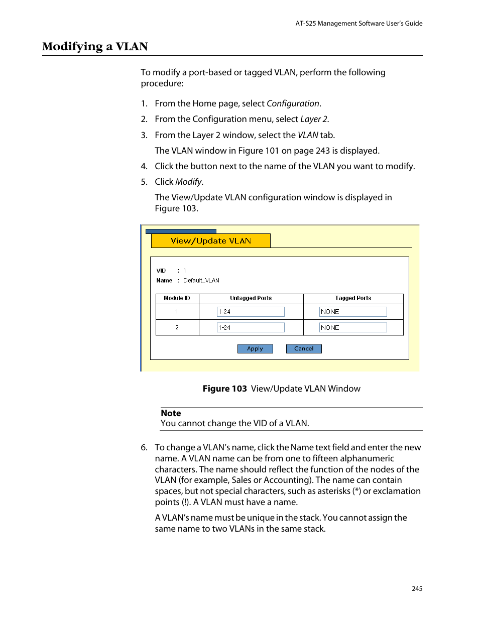 Modifying a vlan | Allied Telesis AT-S25 User Manual | Page 245 / 276