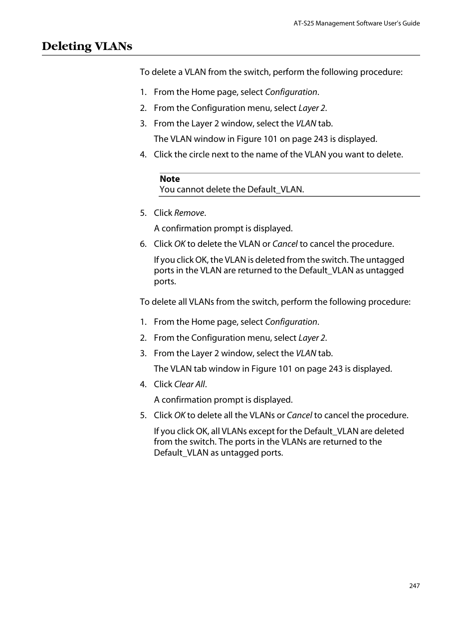 Deleting vlans | Allied Telesis AT-S25 User Manual | Page 247 / 276