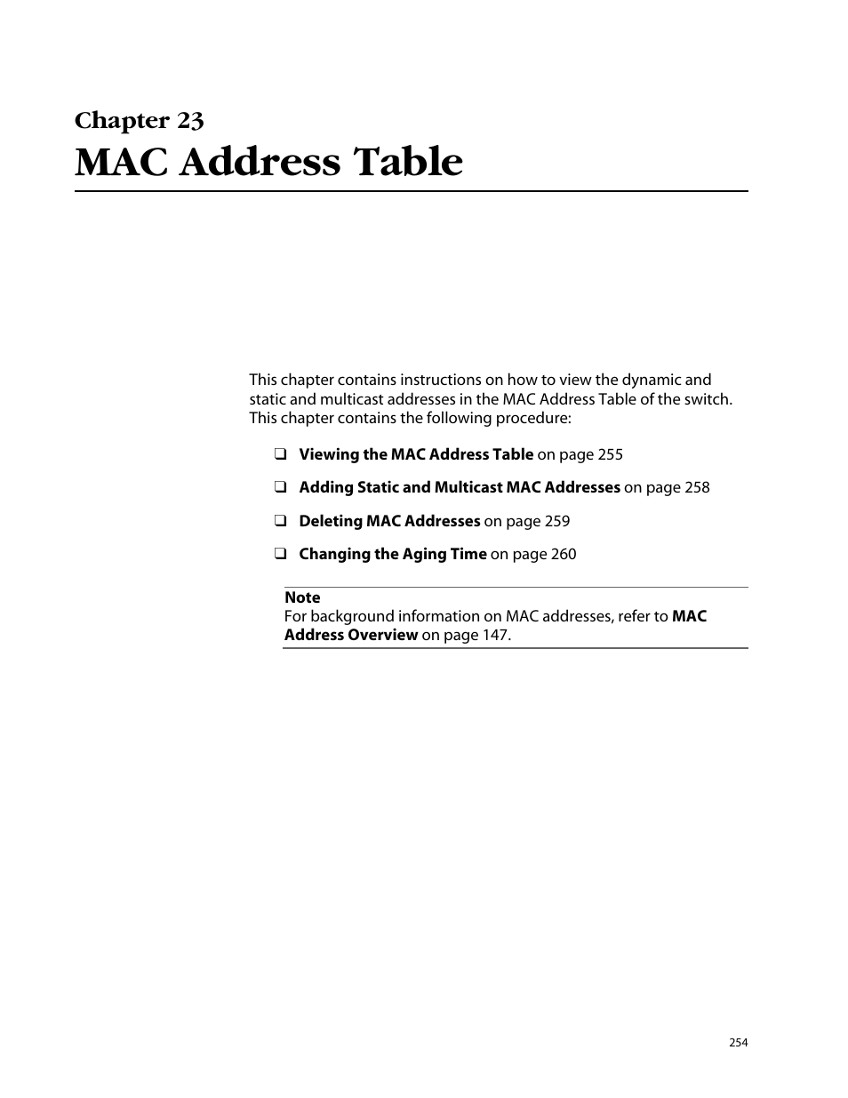 Chapter 23, Mac address table, Chapter 23 mac address table | Allied Telesis AT-S25 User Manual | Page 254 / 276