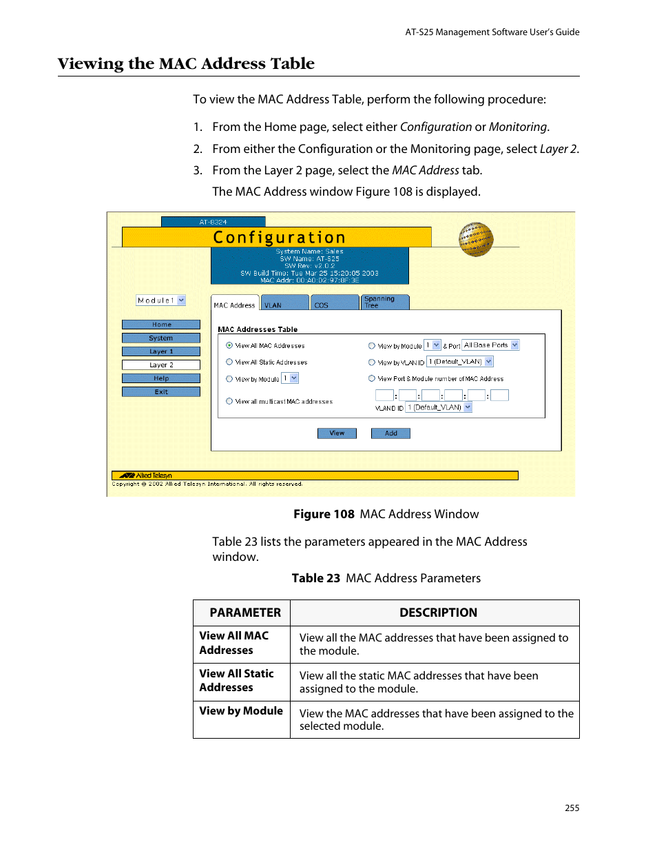 Viewing the mac address table | Allied Telesis AT-S25 User Manual | Page 255 / 276