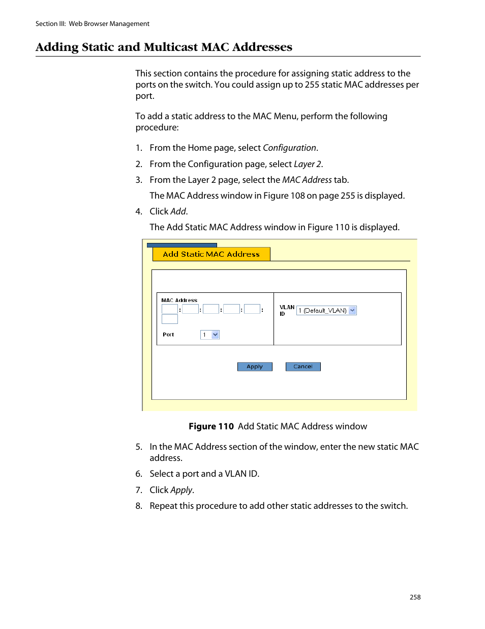 Adding static and multicast mac addresses | Allied Telesis AT-S25 User Manual | Page 258 / 276