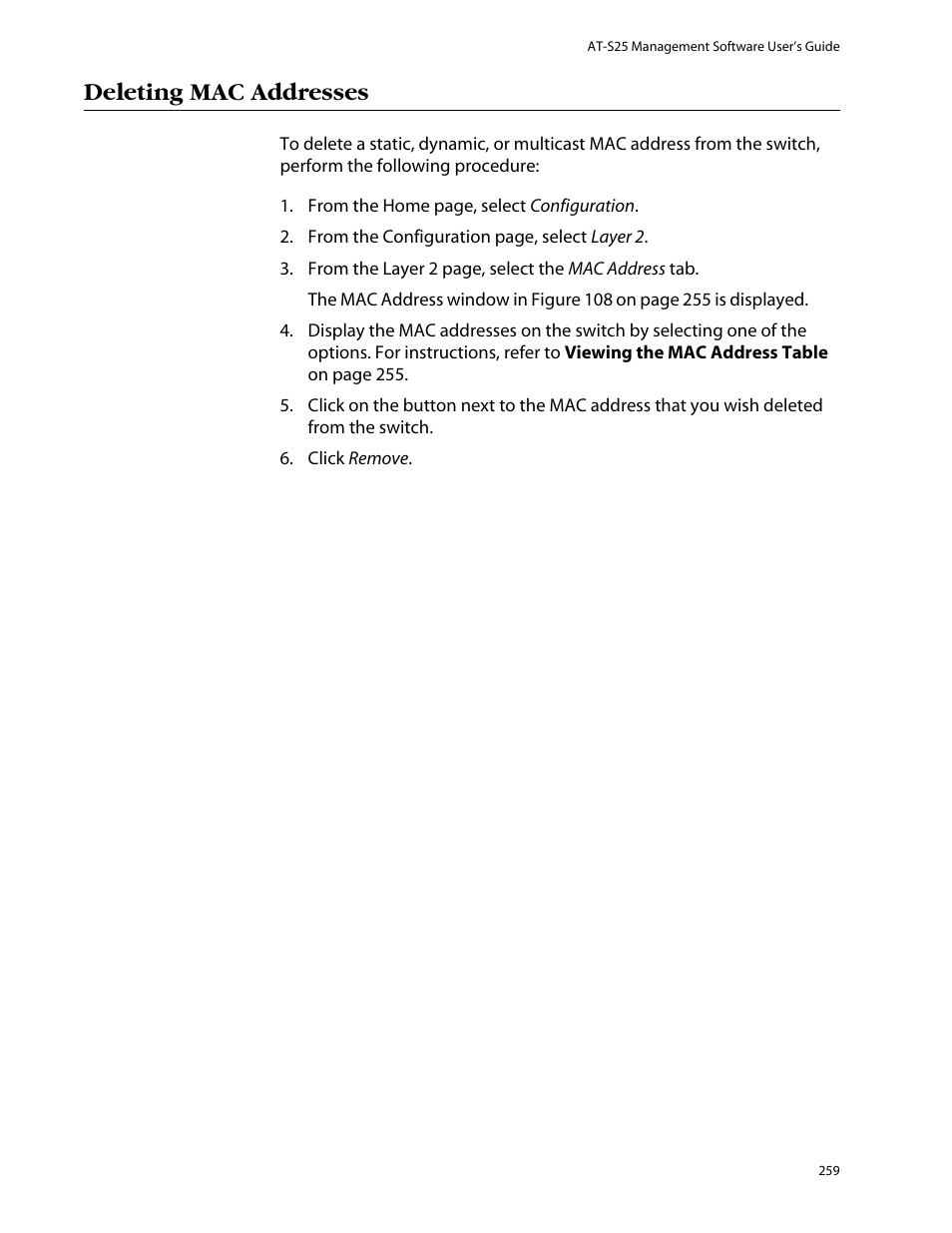 Deleting mac addresses | Allied Telesis AT-S25 User Manual | Page 259 / 276