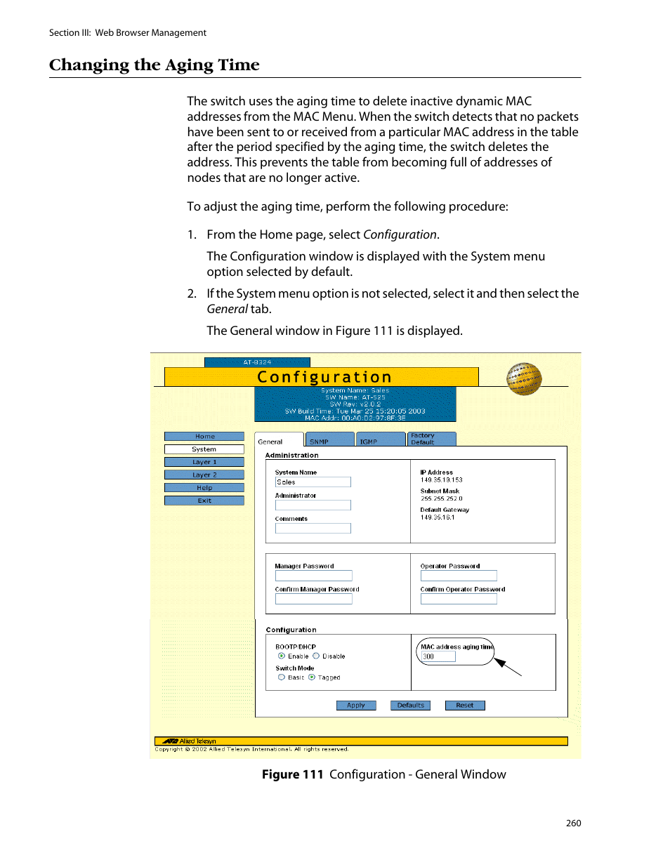 Changing the aging time | Allied Telesis AT-S25 User Manual | Page 260 / 276