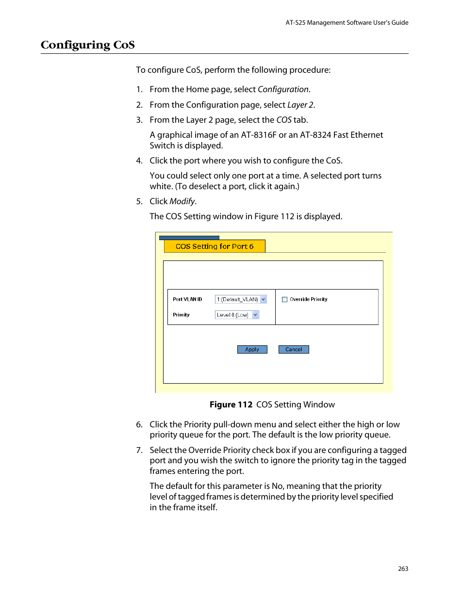 Configuring cos | Allied Telesis AT-S25 User Manual | Page 263 / 276