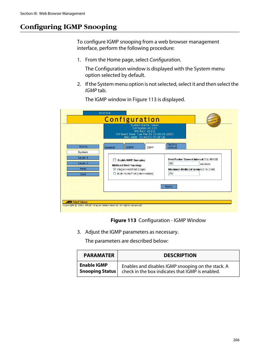 Configuring igmp snooping | Allied Telesis AT-S25 User Manual | Page 266 / 276
