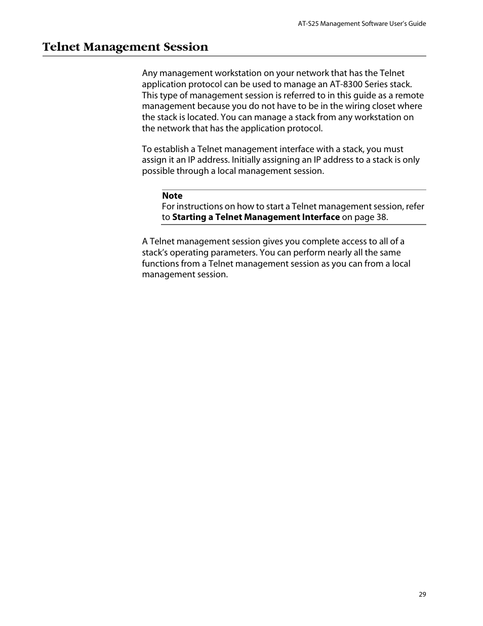 Telnet management session | Allied Telesis AT-S25 User Manual | Page 29 / 276